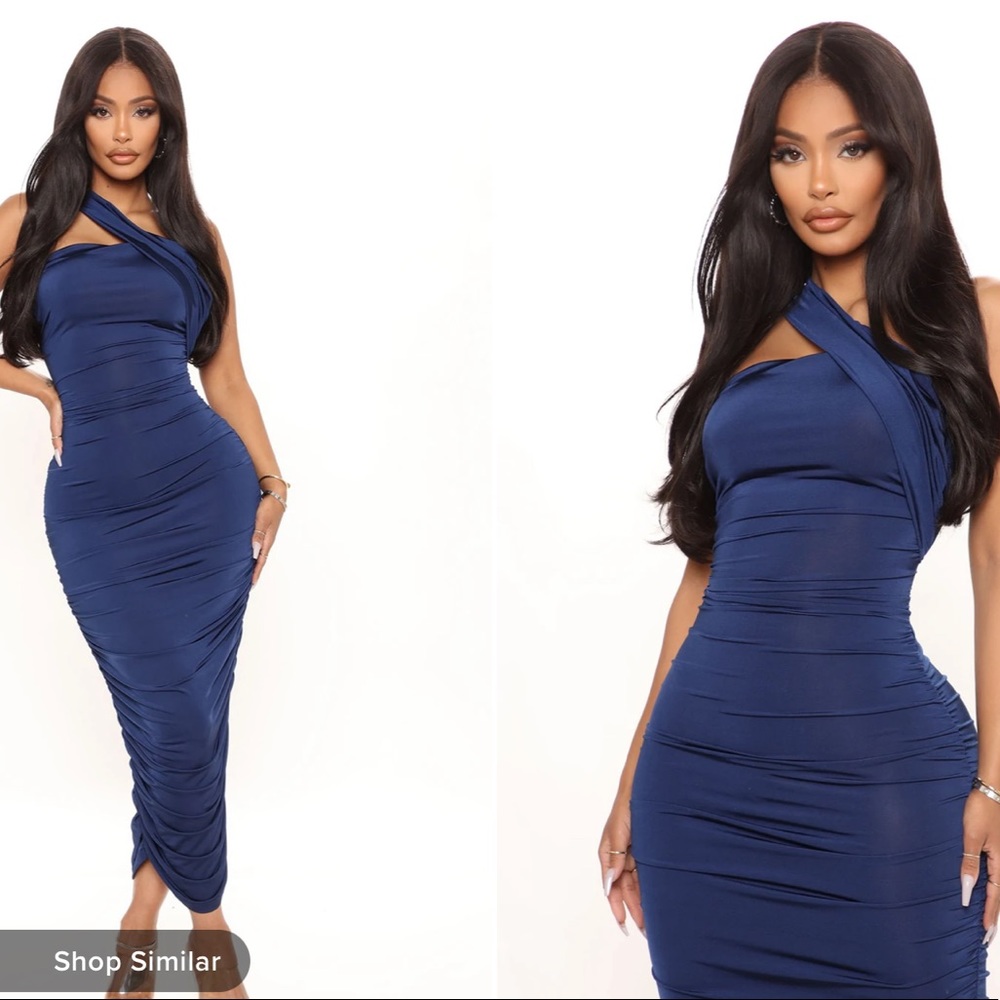 Fashion Nova Over the Shoulder Navy Blue Dress